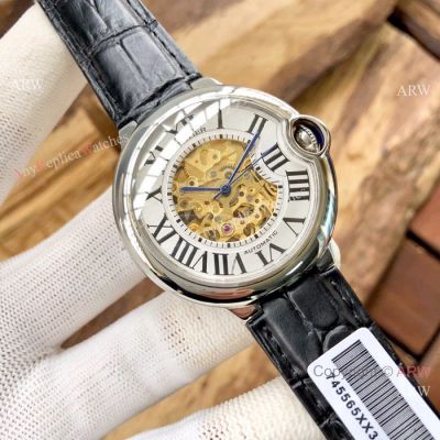 Fake Cartier Ballon Bleu tourbillon Black Leather Strap Watch 42mm